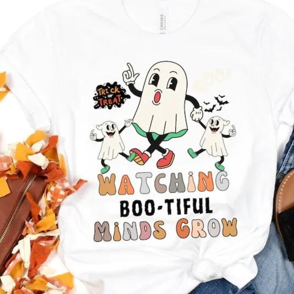 H0719 Halloween Teacher Spooky bootiful Fall School Ghost Pumpkin Skeleton shirt